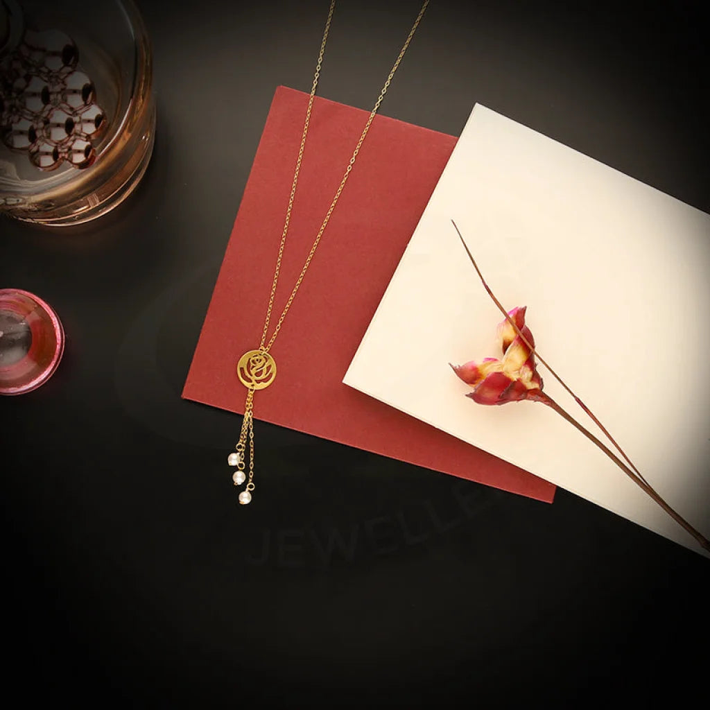 Ladies Triangle Necklaces -teardrop gemstone necklaces -Gold Rose with Hanging Pearl Necklace 21KT - FKJNKL21KM5397