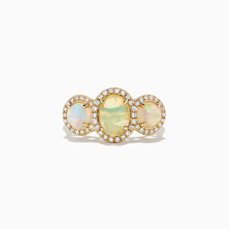 contemporary women's rings -Aurora 14K Yellow Gold Three Stone Opal and Diamond Ring, 2.39 TCW