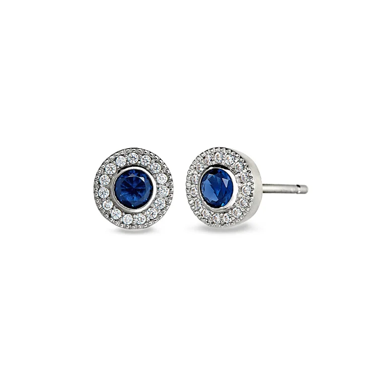 Ladies 925 Silver Earrings -Platinum Finish Sterling Silver Micropave Round Simulated Sapphire Earrings with Simulated Diamonds