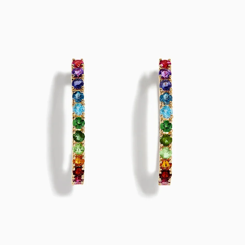 Ladies Rustic Earrings -Mosaic 14K Yellow Gold Multi Stone Hoop Earrings