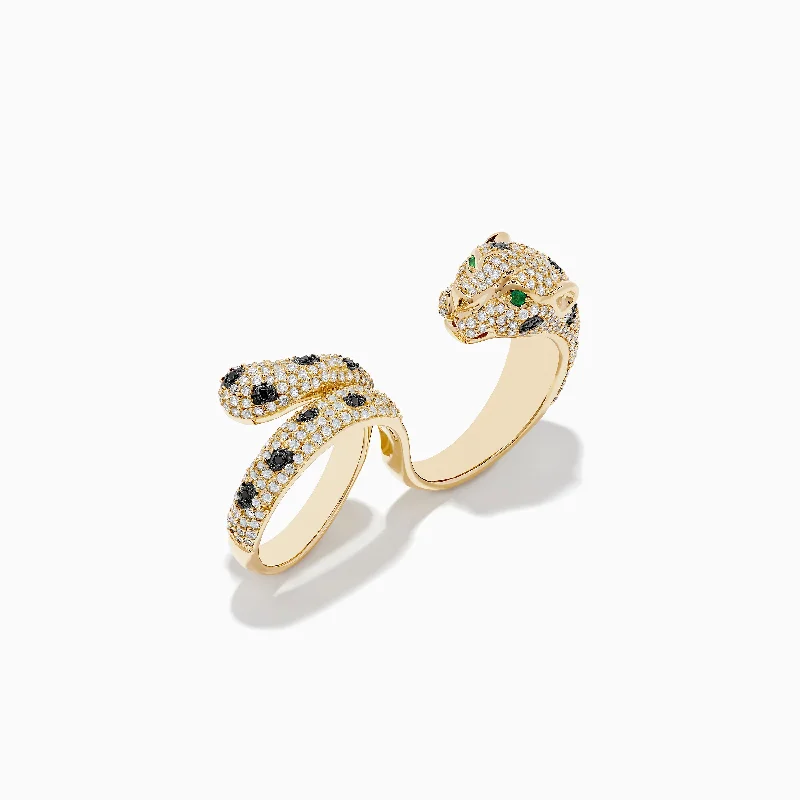 heart-shaped women's rings -Signature 14K Gold Emerald, Black and White Double Finger Ring