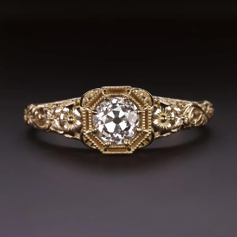 Steampunk Engagement Rings -OLD MINE CUT DIAMOND ENGAGEMENT RING VINTAGE STYLE SOLITAIRE GOLD FLORAL 1/2ct