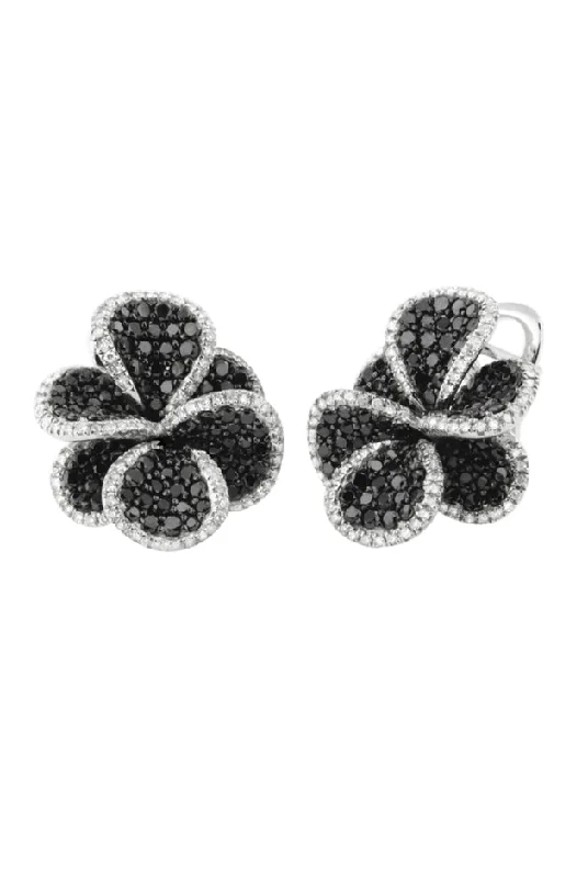 Ladies Modern Earrings -14K White Gold Black and White Diamond Flower Earrings, 2.68 TCW