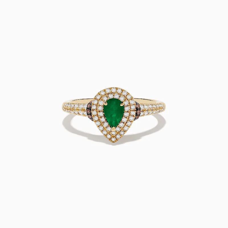 silver-plated women's rings -Brasilica 14K Yellow Gold Emerald, White and Espresso Diamond Ring