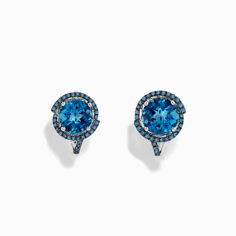 Ladies Oriental Earrings -14K White Gold Blue Topaz and Blue Diamond Earrings, 3.87 TCW