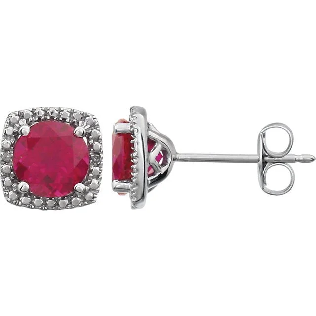 Ladies Ethnic Earrings -STERLING SILVER 2.40 CTW CREATED RUBY & .015 CTW DIAMOND HALO EARRINGS