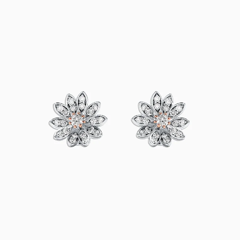 Ladies Fall Earrings -14K Two Tone Gold Diamond Flower Stud Earrings, 0.53 TCW