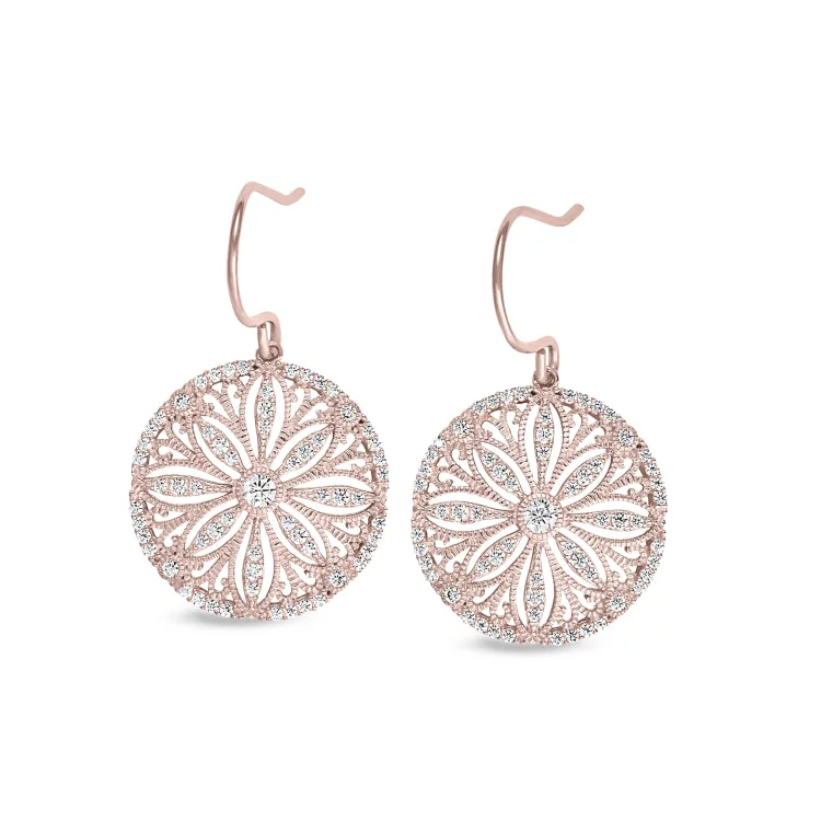 Ladies Courage Earrings -Rose Gold Finish Sterling Silver Micropave Vintage Sand Dollar Earrings with Simulated Diamonds