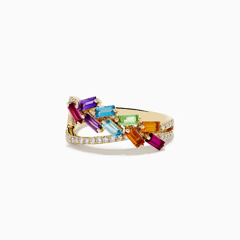 topaz women's rings -Mosaic Mix 14K Yellow Gold Stones and Diamond Crossover Ring