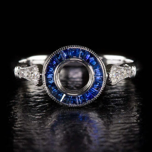 Tribal Engagement Rings -SAPPHIRE DIAMOND ENGAGEMENT RING SETTING PLATINUM 5mm SEMI MOUNT VINTAGE STYLE