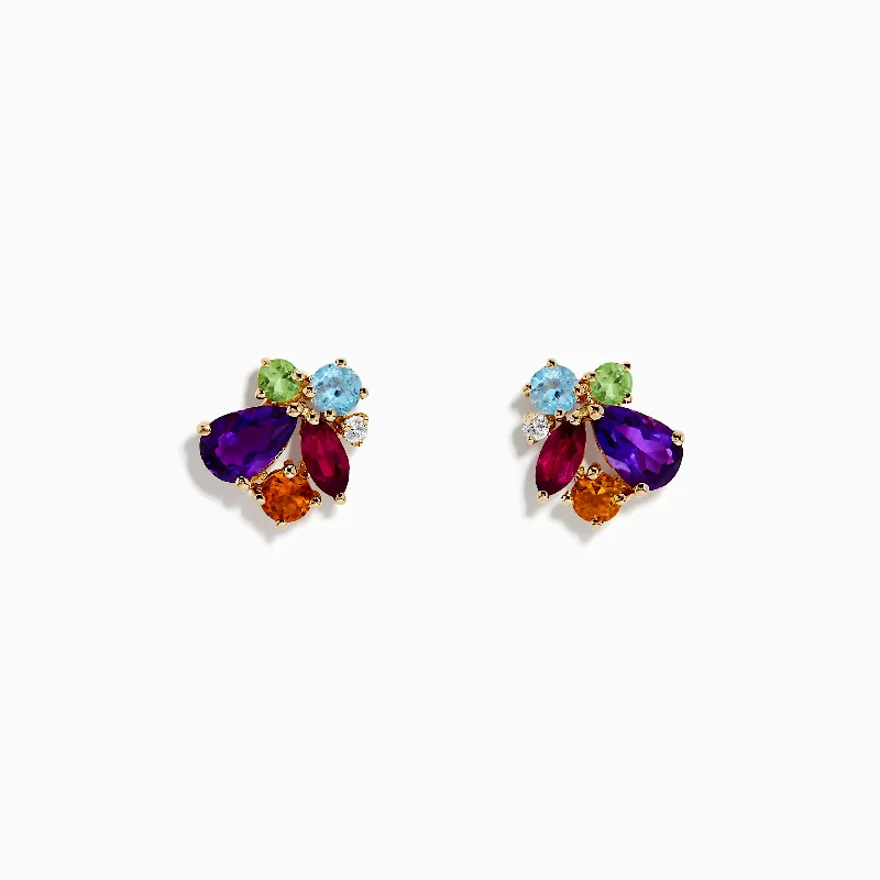 Ladies Thick Earrings -Mosaic 14K Yellow Gold Multi Gemstone and Diamond Earrings