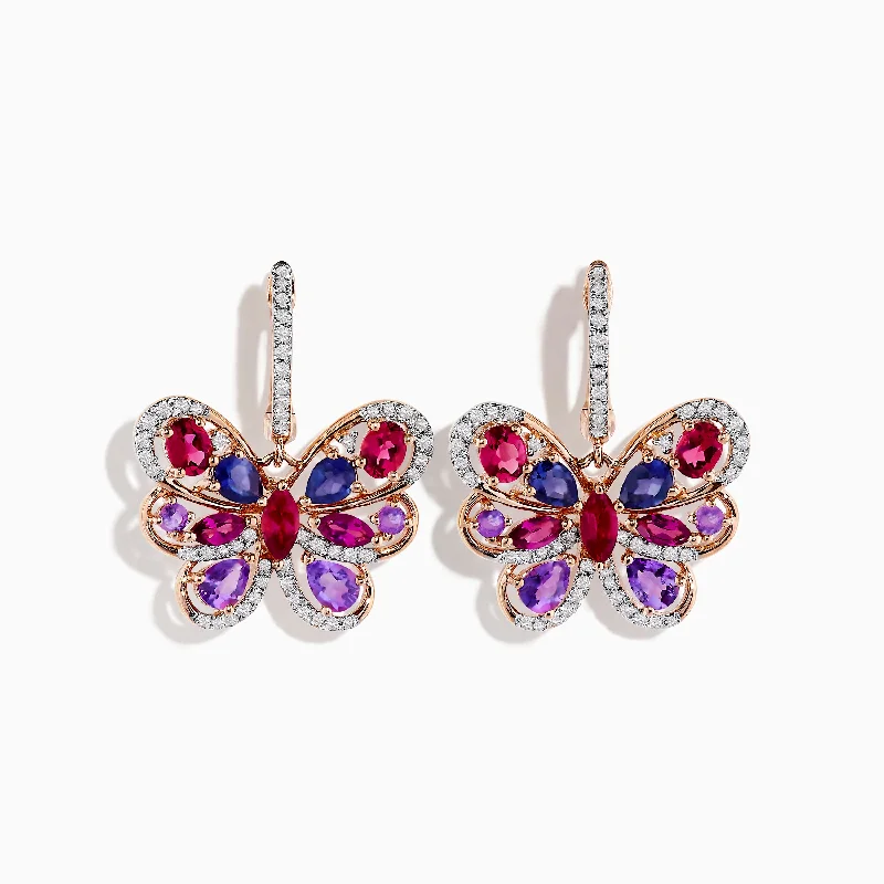 Ladies Platinum Earrings -14K Rose Gold Multi-Stone and Diamond Butterfly Drop Earrings