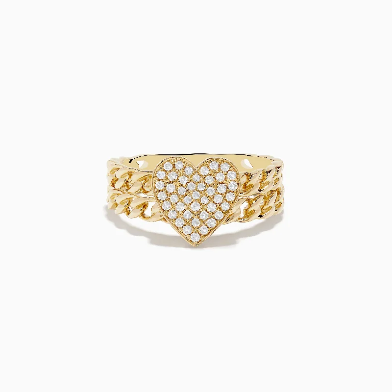 dainty women's rings -Novelty 14K Yellow Gold Pave Diamond Heart Chain Link Ring