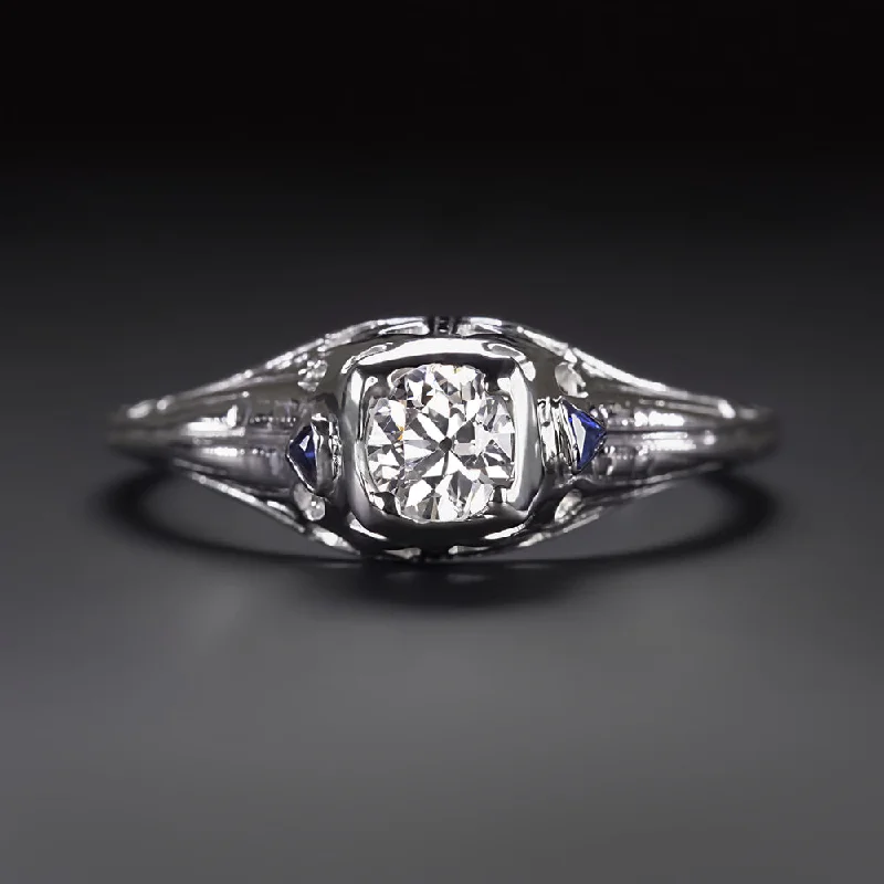 Domed Engagement Rings -ART DECO DIAMOND ENGAGEMENT RING SAPPHIRE 14k WHITE GOLD FILIGREE OLD EUROPEAN