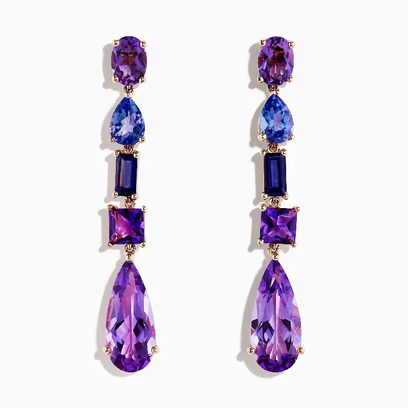 Ladies Valentine’s Day Earrings -14K Rose Gold Iolite, Amethyst, and Tanzanite Earrings