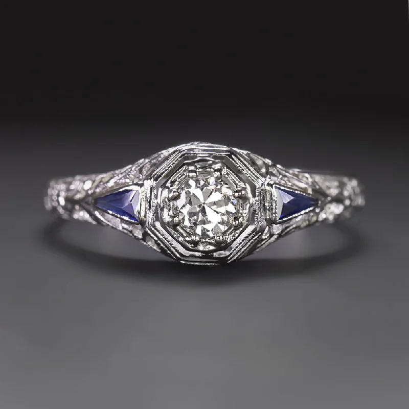 Gothic Engagement Rings -ART DECO DIAMOND ENGAGEMENT RING SAPPHIRE 14k WHITE GOLD FILIGREE OLD EUROPEAN