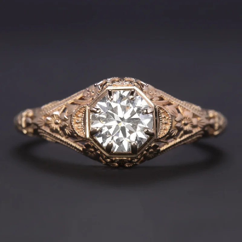 Natural Diamond Engagement Rings -VINTAGE STYLE DIAMOND SOLITAIRE RING 0.80ct ROSE GOLD FILIGREE FLORAL ENGAGEMENT