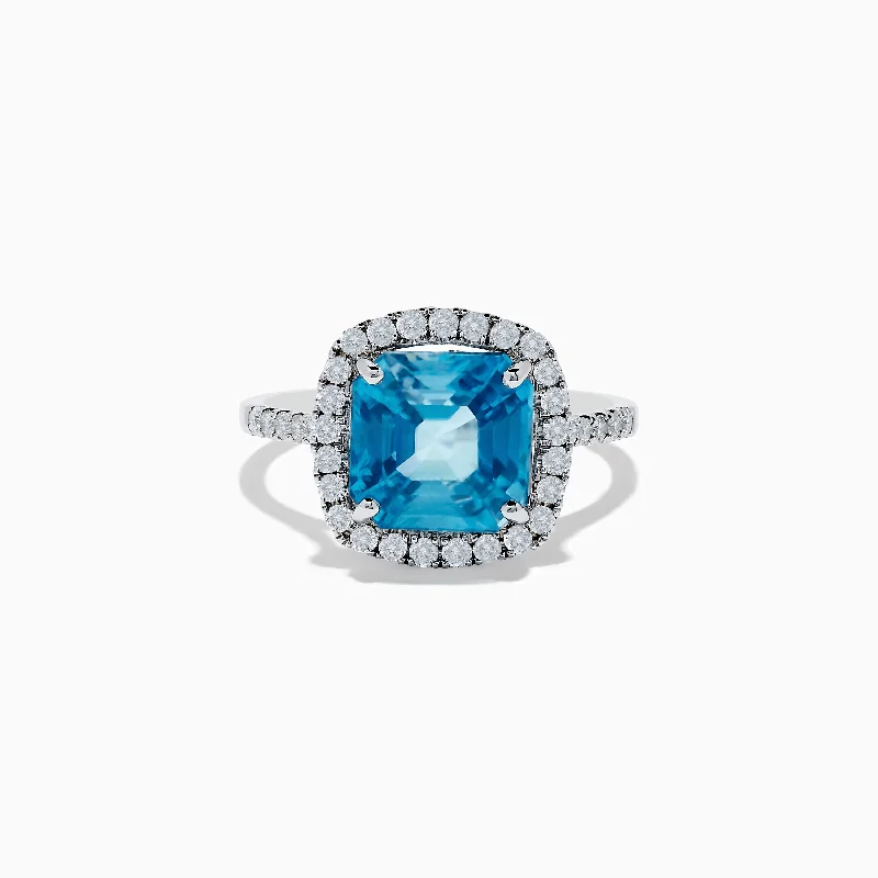 solitaire women's rings -14K White Gold Blue Zircon and Diamond Ring