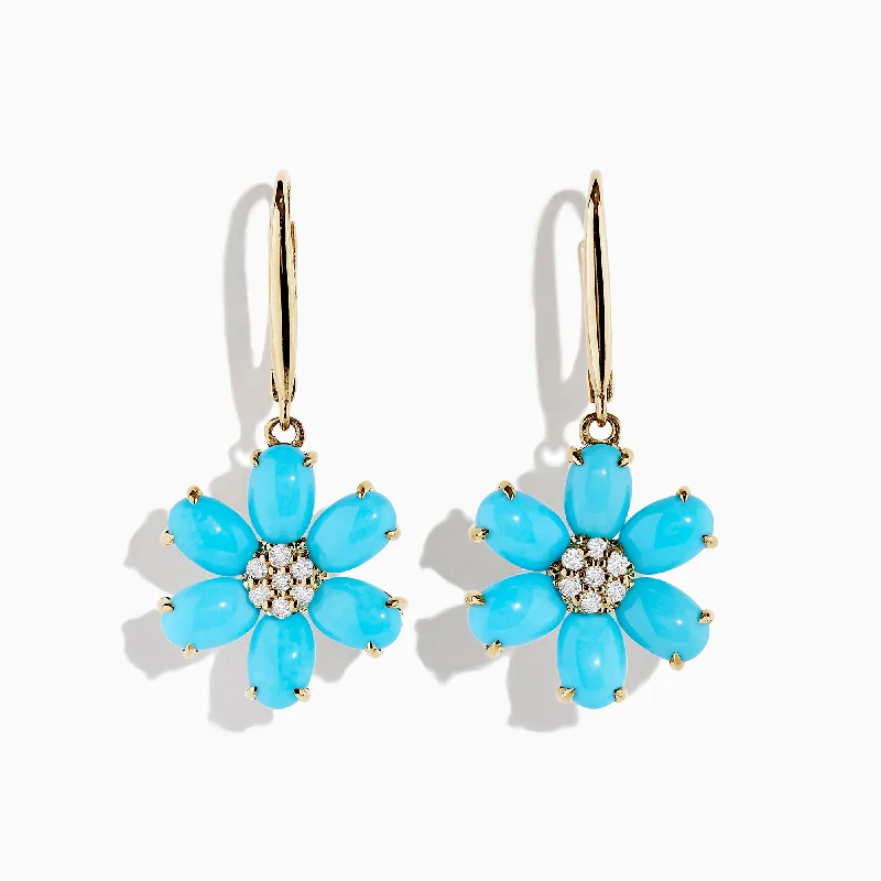 Ladies Beach Earrings -14K Yellow Gold Turquoise and Diamond Flower Earrings, 4.83 TCW