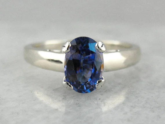 Elegant Engagement Rings -Large Sapphire Solitaire Engagement Ring in White Gold, Timeless Elegance