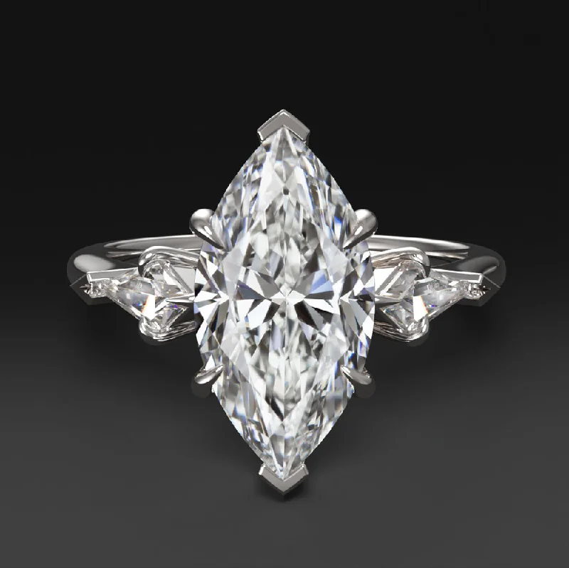 Straight Engagement Rings -2ct LAB CREATED DIAMOND ENGAGEMENT RING 3 STONE MARQUISE KITE CUT 14k WHITE GOLD