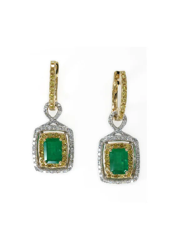 Ladies Playful Earrings -14K 2-Tone Gold Emerald, Yellow and White Diamond Earrings, 2.90 TCW