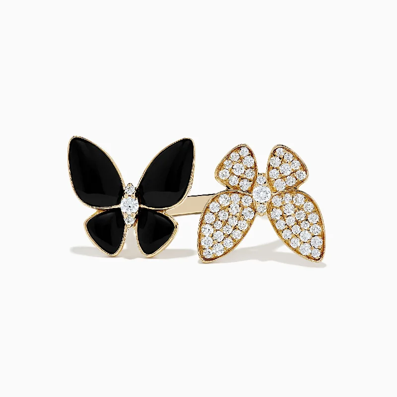 chakra women's rings -Nature 14K Yellow Gold Onyx and Diamond Butterfly Ring, 1.86 tcw