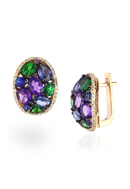 Ladies Huggie Earrings -14K Yellow Gold Multi Gemstone & Diamond Earrings