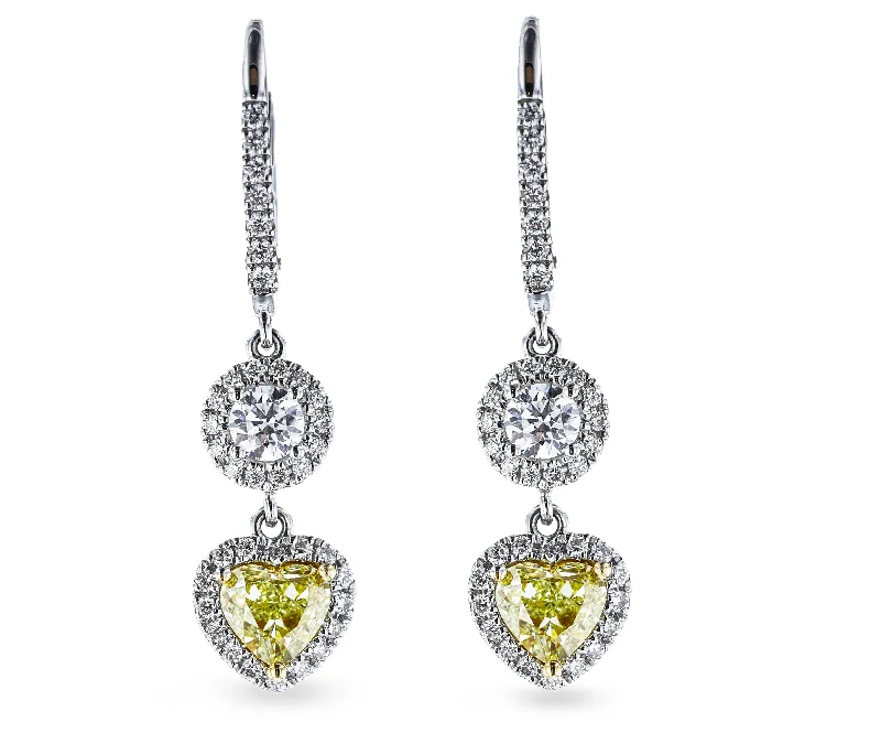 Ladies Team Earrings -18KT WHITE GOLD 1.53CTW YELLOW DIAMOND & 0.97CTW DIAMOND DANGLE EARRINGS