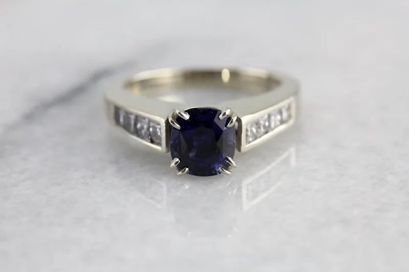 Fashion Engagement Rings -Contemporary Fine Midnight Blue Ceylon Sapphire of Excellent Quality,  Engagement Ring in Diamonds and White Gold