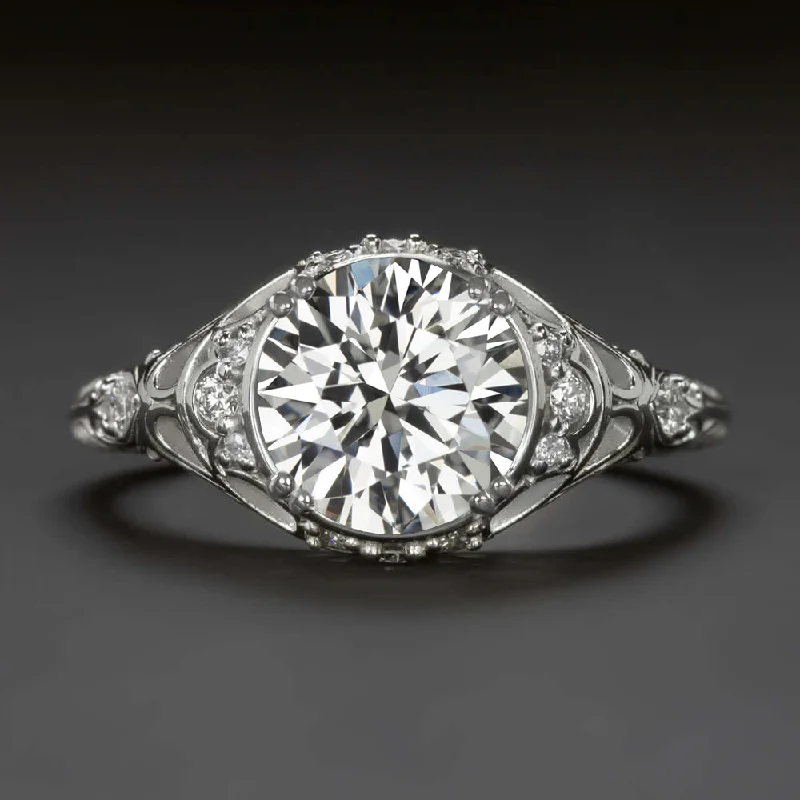 Milgrain Engagement Rings -VINTAGE STYLE DIAMOND ENGAGEMENT RING 1.85ct CERTIFIED H VS2 ROUND CUT FILIGREE