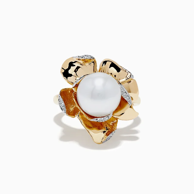 crossover women's rings -Pearl 14K Yellow Gold Pearl and Diamond Flower Ring