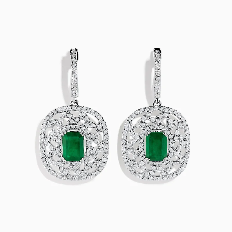 Ladies Oval Earrings -14K White Gold Emerald and Diamond Earrings