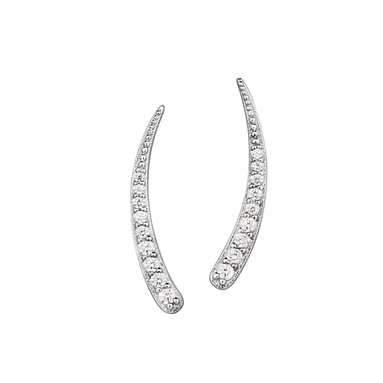 Ladies Classic Earrings -Platinum Finish Sterling Silver Micropave Curved Climber Earrings with Simulated  Diamonds