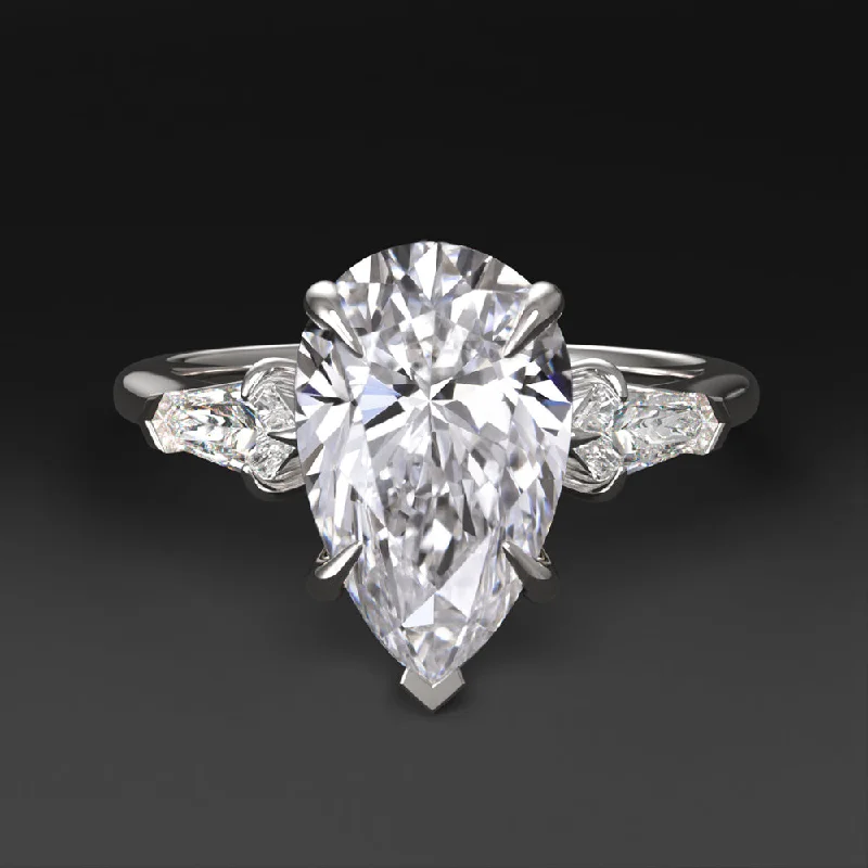 Glass Engagement Rings -2ct LAB CREATED DIAMOND ENGAGEMENT RING 3 STONE PEAR BULLET CUT 14k WHITE GOLD