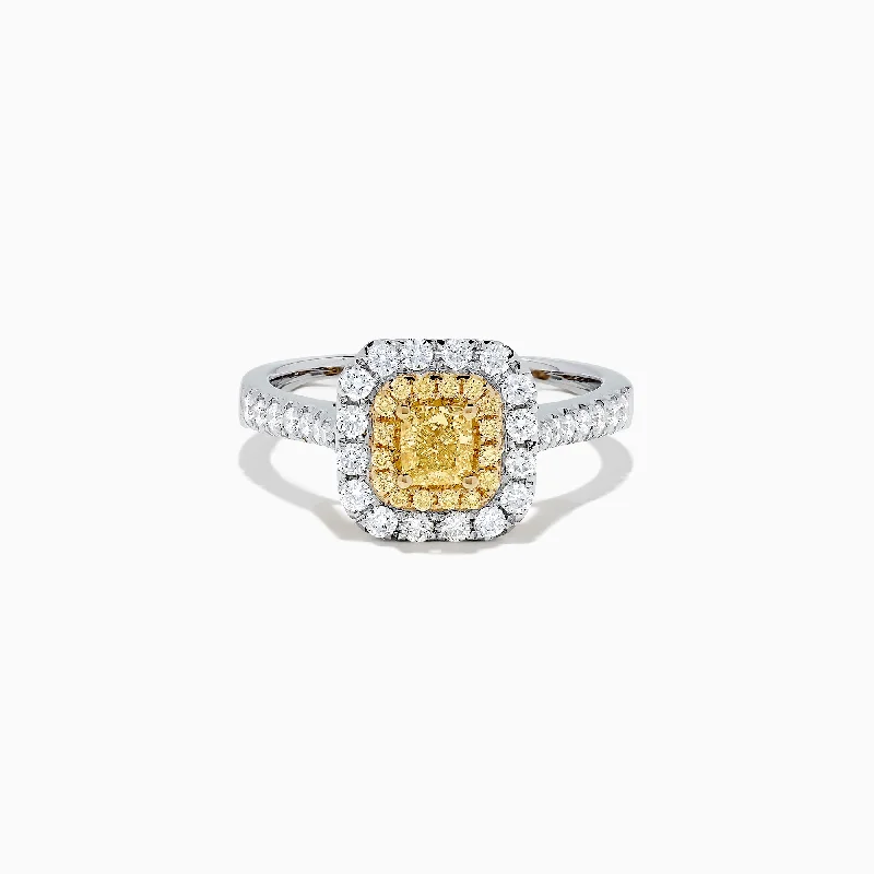 floral women's rings -Canare 18K Two Tone Gold Cushion Double Halo Yellow Diamond Ring, 0.97 TCW