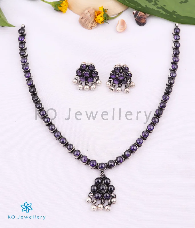 Ladies Cheap Necklaces -horizontal bar necklaces -The Alaktha Addige Silver Necklace (Amethyst)