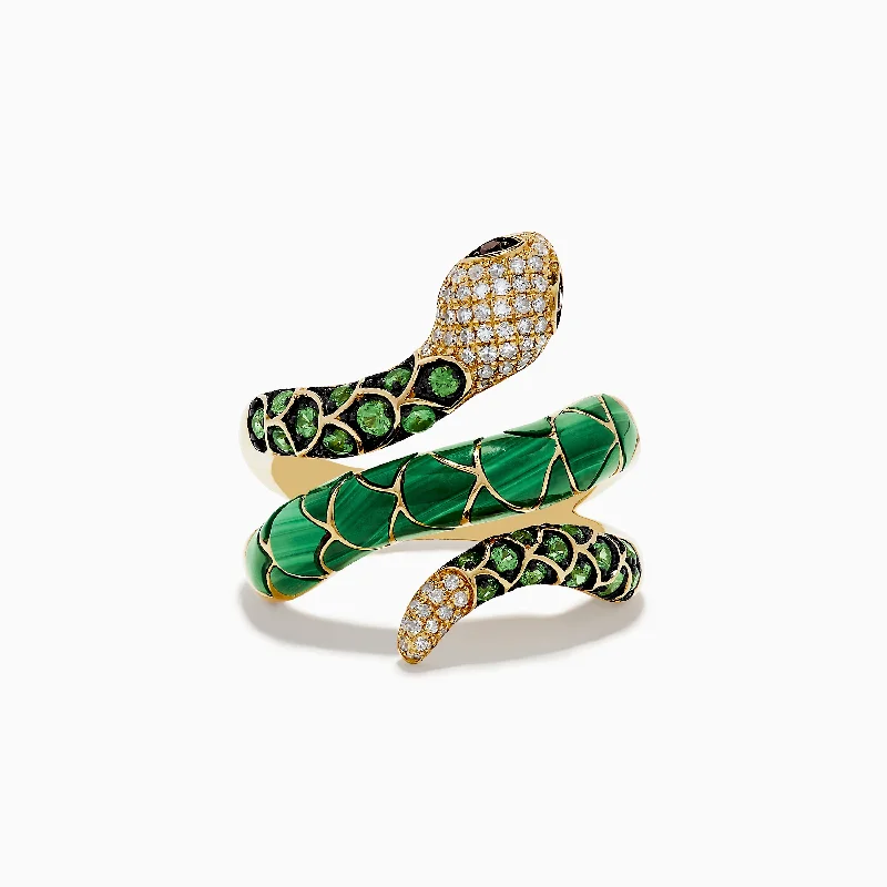 handcrafted women's rings -Safari 14K Yellow Gold Tsavorite & Malachite Diamond Snake Ring