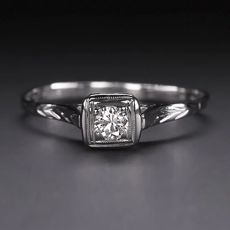 Marquise Cut Engagement Rings -VINTAGE DIAMOND ENGAGEMENT RING 0.20ct G VS2 SOLITAIRE 14k WHITE GOLD ROUND CUT