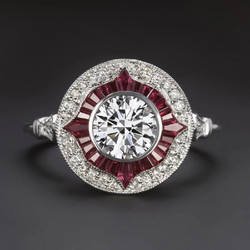 Phoenix Engagement Rings -1 CARAT LAB CREATED DIAMOND RUBY ENGAGEMENT RING HALO CERTIFIED VINTAGE STYLE