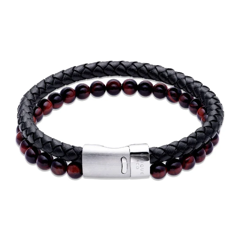 Ladies Bracelets with Carnelian-Unique & Co Black Leather Bracelet With Red And Brown Beads