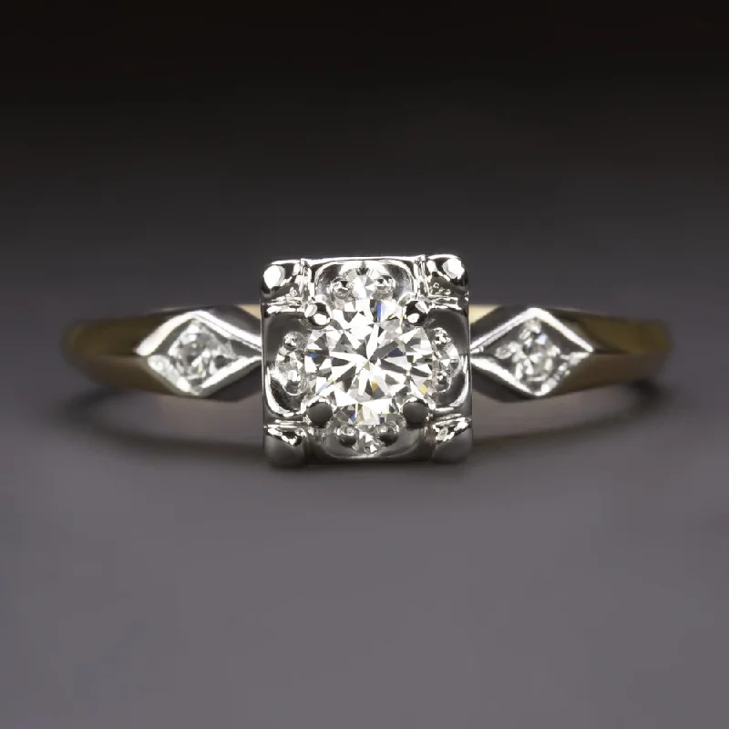 Celtic Engagement Rings -VINTAGE DIAMOND ENGAGEMENT RING E-F VS1 ROUND CUT MID CENTURY TWO TONE 14k GOLD