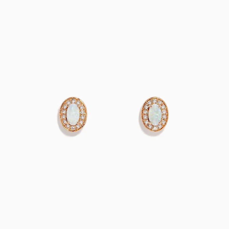 Ladies Agate Earrings -14K Rose Gold Opal and Diamond Stud Earrings