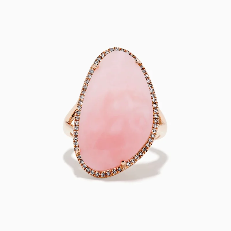 three-stone women's rings -14K Rose Gold Pink Opal and Diamond Ring