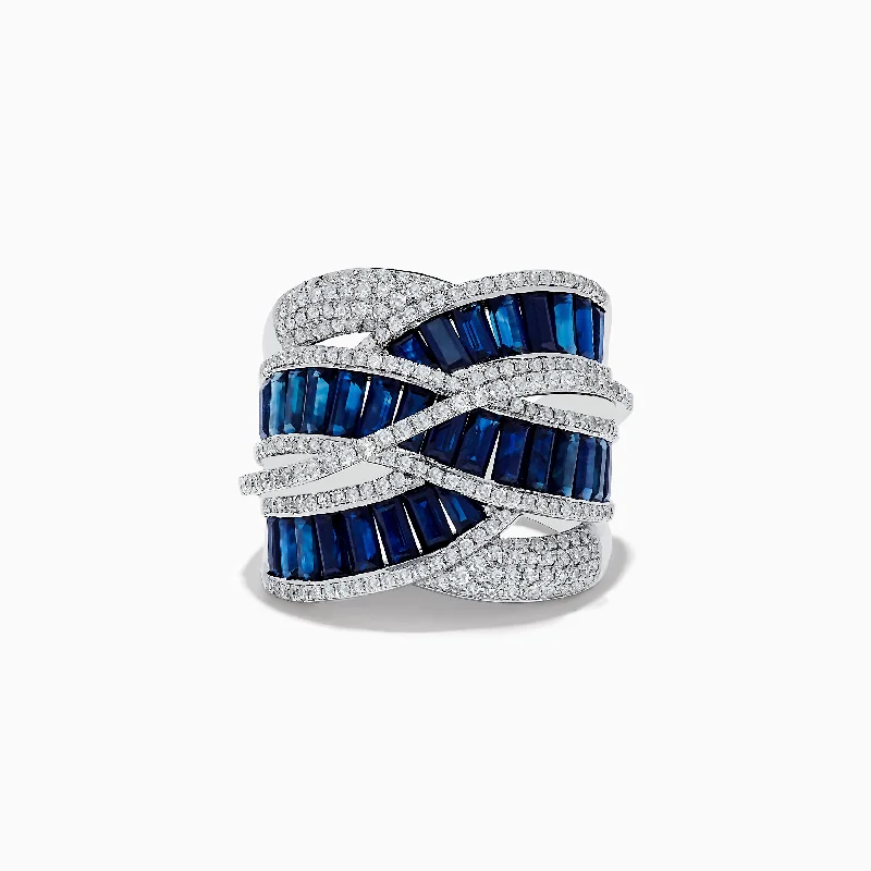 waterproof women's rings -Royale Bleu 14K White Gold Blue Sapphire and Diamond Cross Over Ring