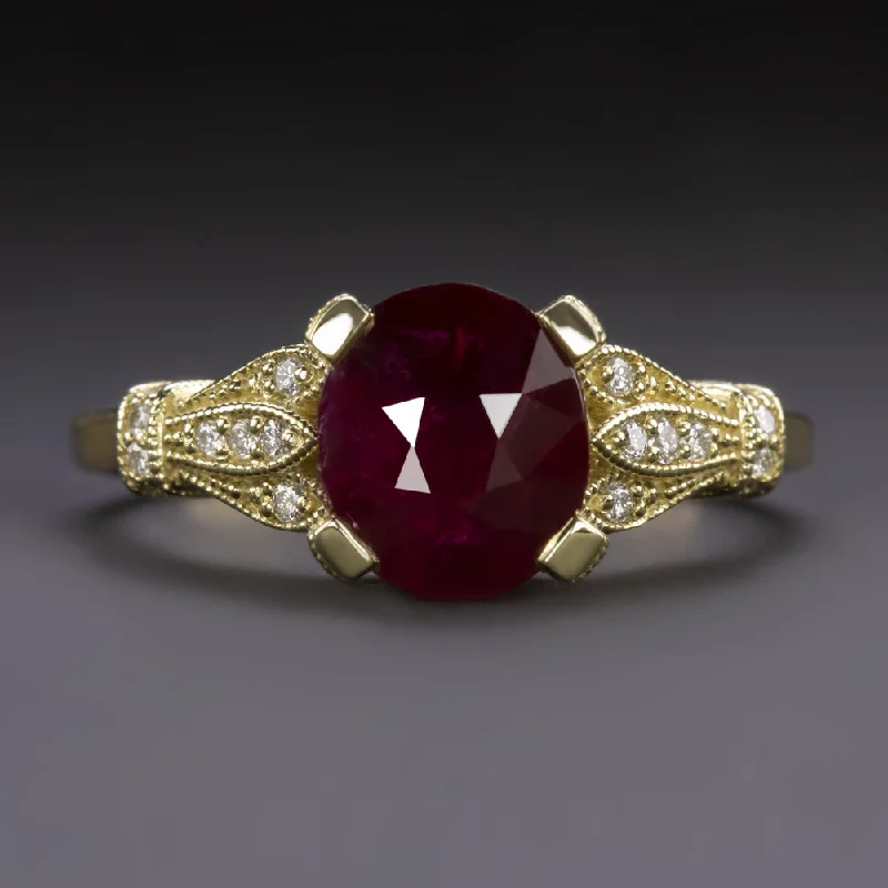 Enamel Engagement Rings -RUBY DIAMOND COCKTAIL RING VINTAGE STYLE 2.04ct 18k YELLOW GOLD OVAL ENGAGEMENT