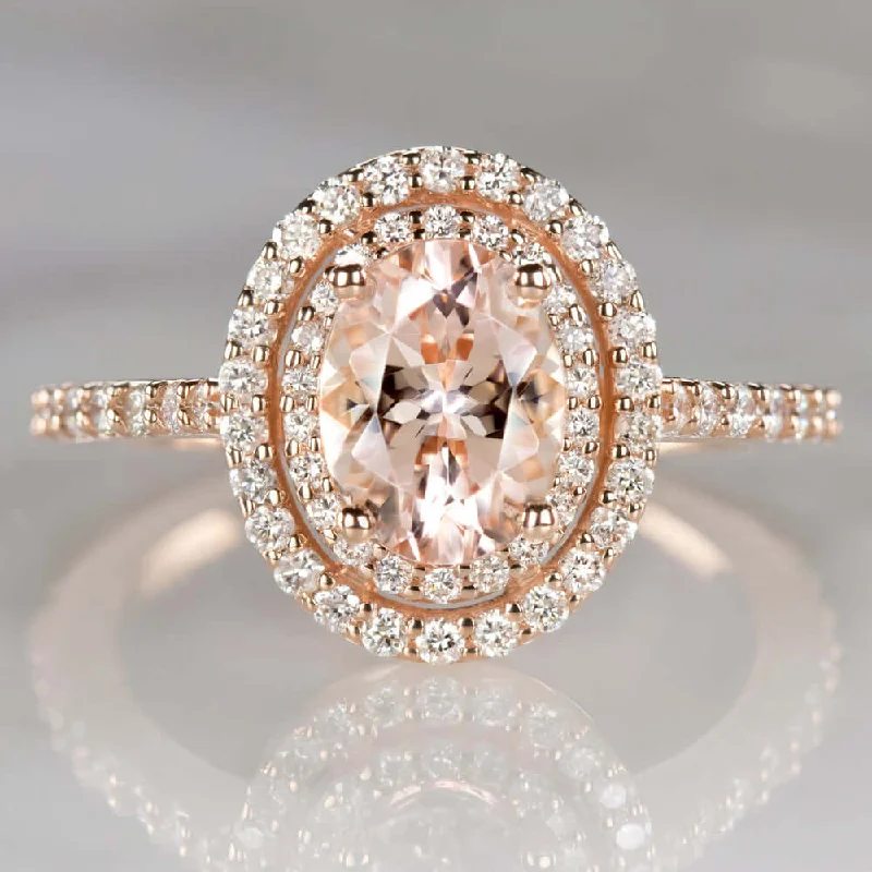 Couple Engagement Rings -OVAL MORGANITE .61ct DIAMOND DOUBLE HALO ENGAGEMENT RING ROSE GOLD NATURAL PEACH