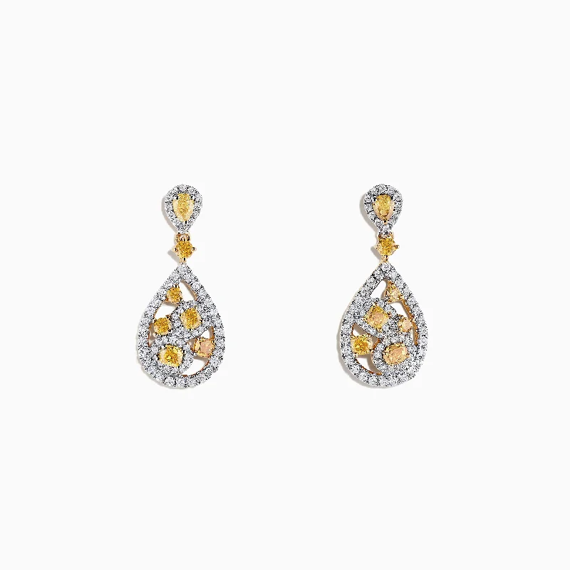 Ladies White Earrings -14K Two Tone Gold Yellow and White Diamond Drop Earrings, 1.40 TCW