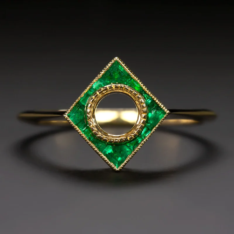 Pave Engagement Rings -EMERALD 5mm ROUND ENGAGEMENT RING SETTING GOLD MOUNT GEOMETRIC ART DECO CALIBRE