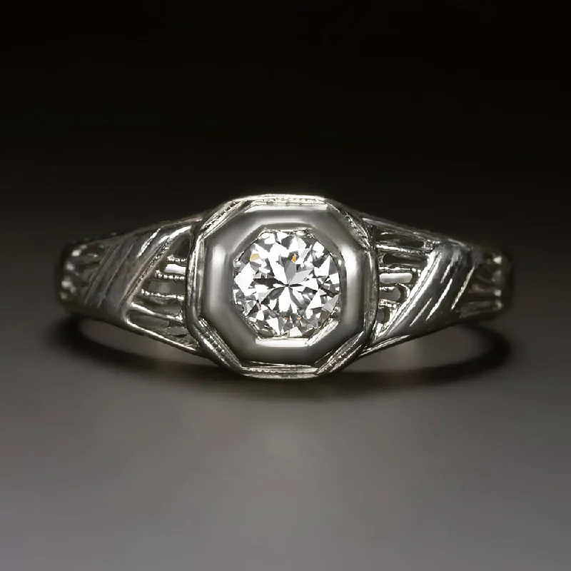 Milgrain Engagement Rings -ART DECO DIAMOND ENGAGEMENT RING G-H VS 18k WHITE GOLD FILIGREE OLD CUT NATURAL